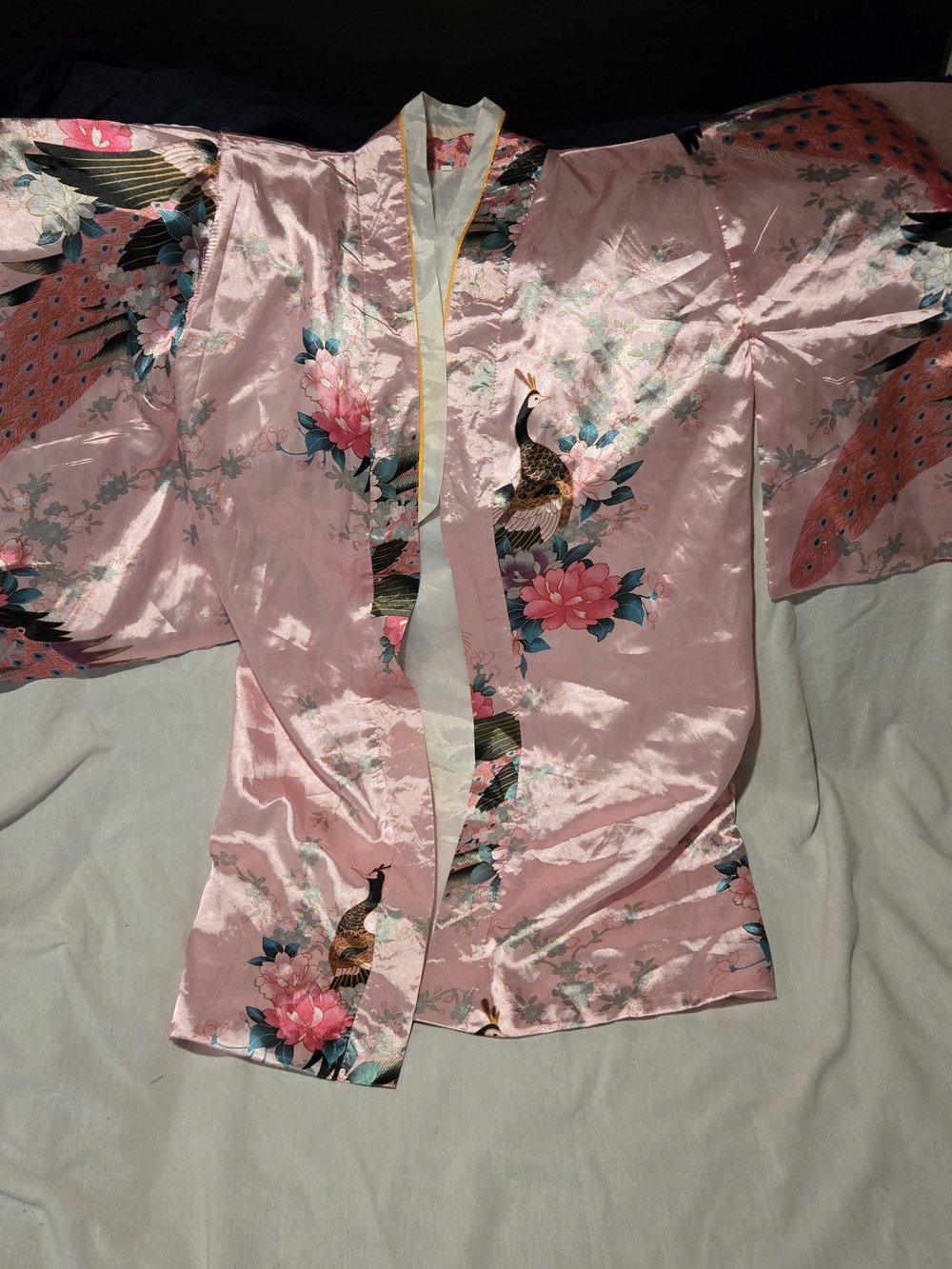Pink Satin Floral & Peacock Kimono Robe